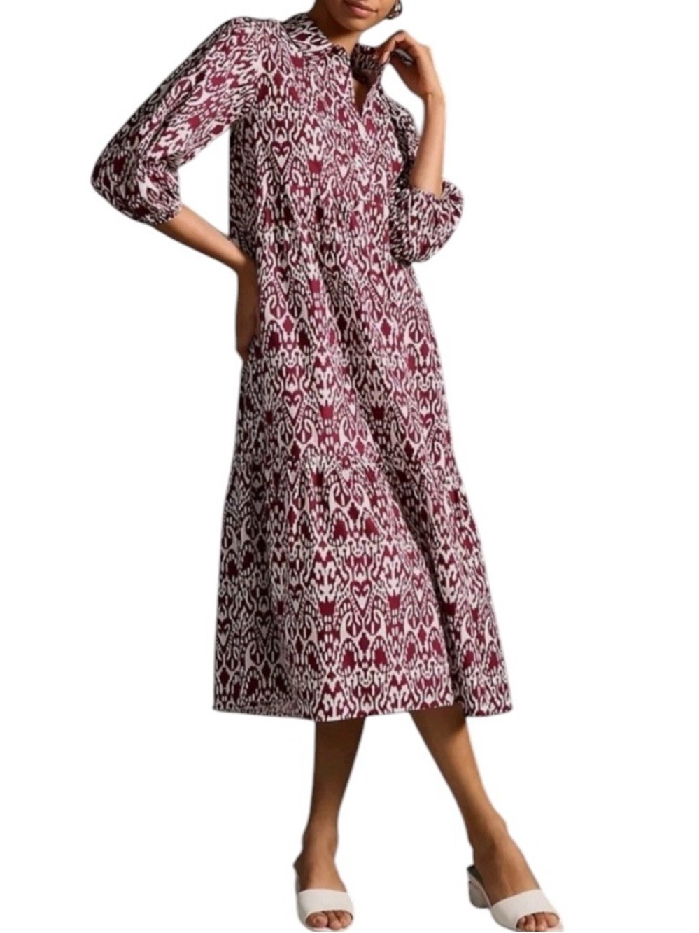 Anthro Maeve Cotton Ikat Boho Artsy Midi Dress Burgundy Tiered Flowy Romantic L